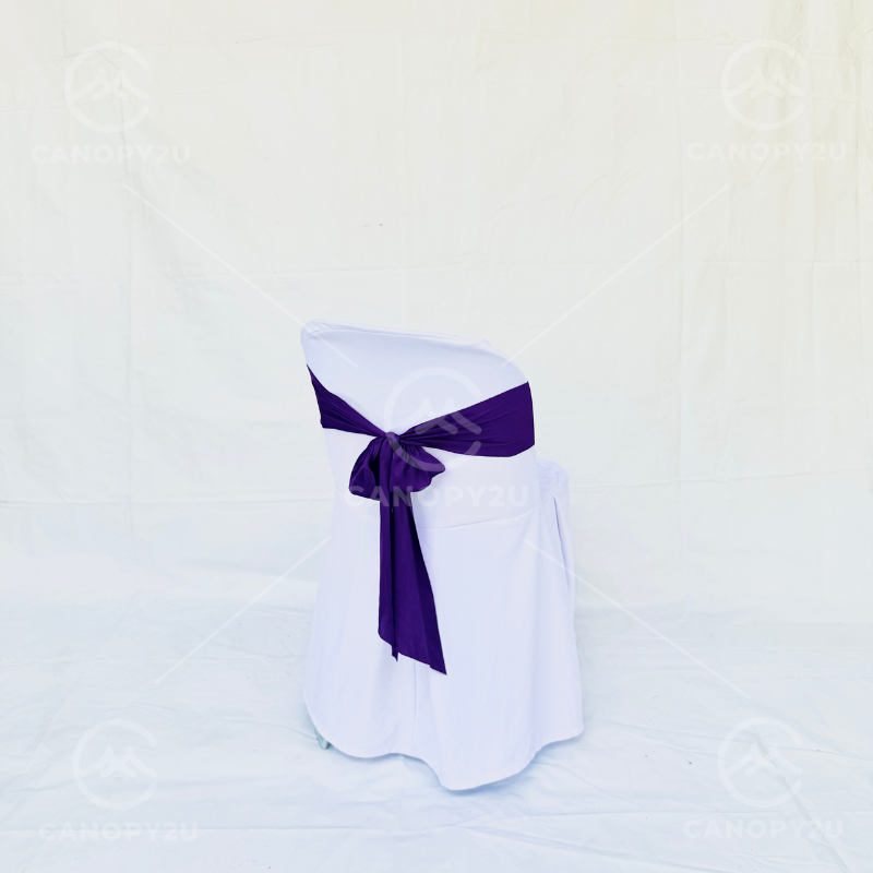 Plastic Chair - With White Cover & Dark Purple Ribbon