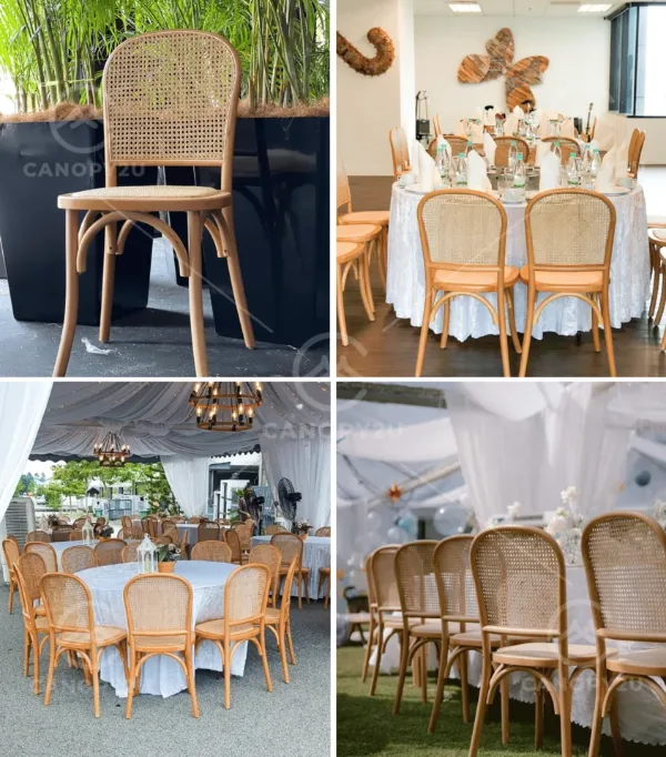 Rattan chairs at dining tables indoors and outdoors