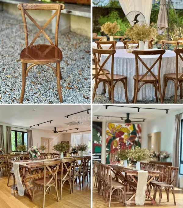 Wooden crossback chairs at long dining tables